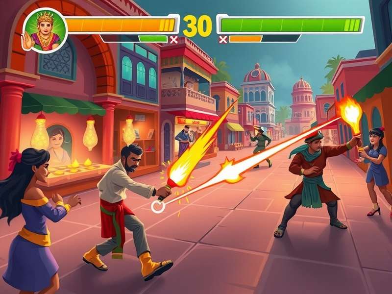 Masala Power Punch game screenshot showing vibrant Indian marketplace battle